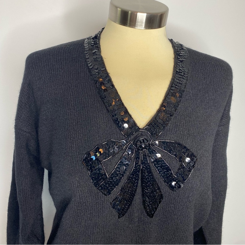 James St. John Vintage Black Sequin Beaded Bow Silk Angora Sweater